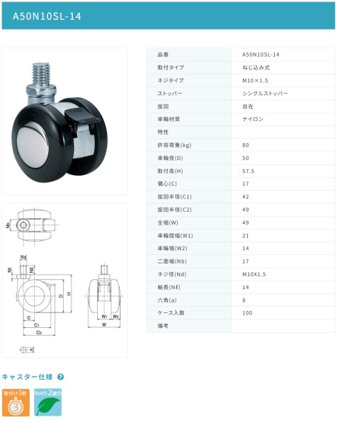 画像2: 東海キャスター　A50N10SL-14　双輪キャスター (2)