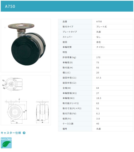 画像2: 東海キャスター A750 双輪キャスター (2)