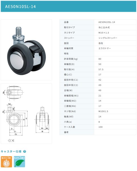 画像2: 東海キャスター　AE50N10SL-14　双輪キャスター (2)