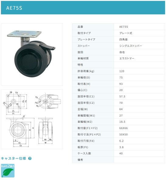 画像2: 東海キャスター AE75S 双輪キャスター (2)