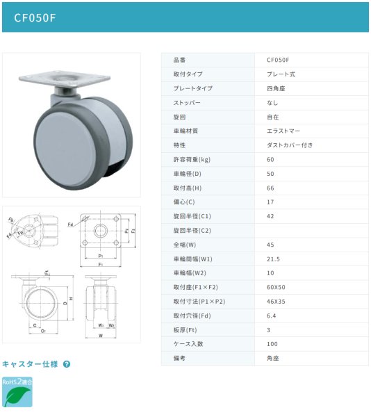 画像2: 東海キャスター CF050F 双輪キャスター (2)