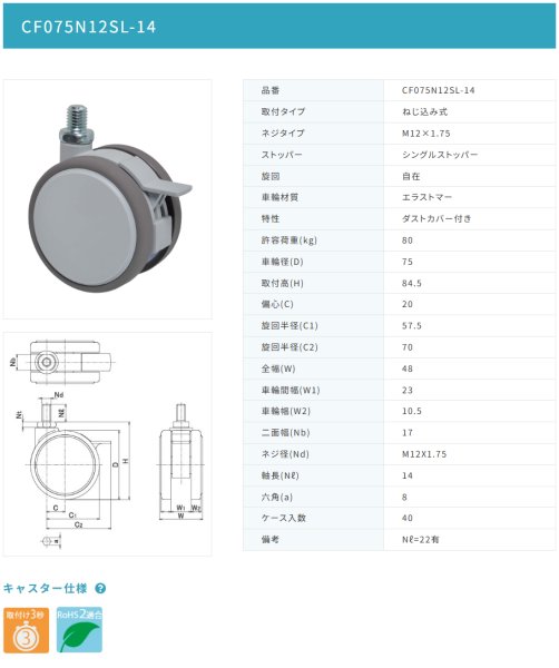 画像2: 東海キャスター CF075N12SL-14 双輪キャスター (2)