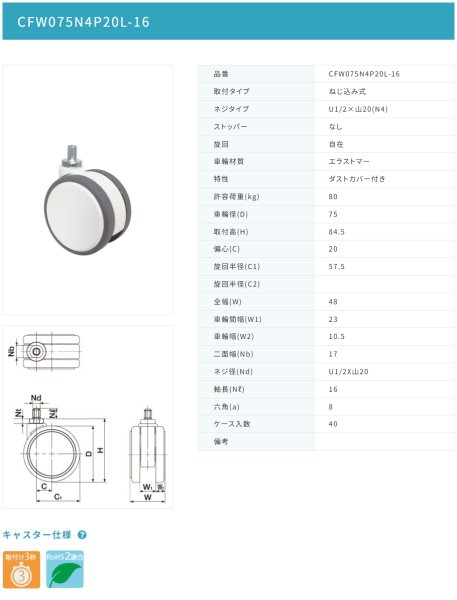 画像2: 東海キャスター CFW075N4P20L-16 双輪キャスター (2)