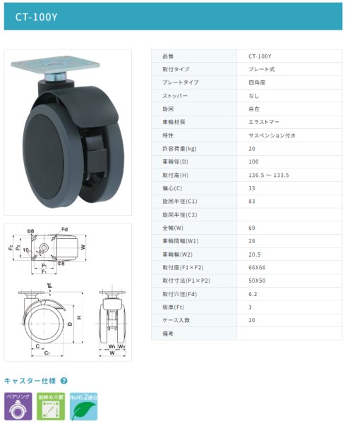 画像2: 東海キャスター CT-100Y 双輪キャスター (2)