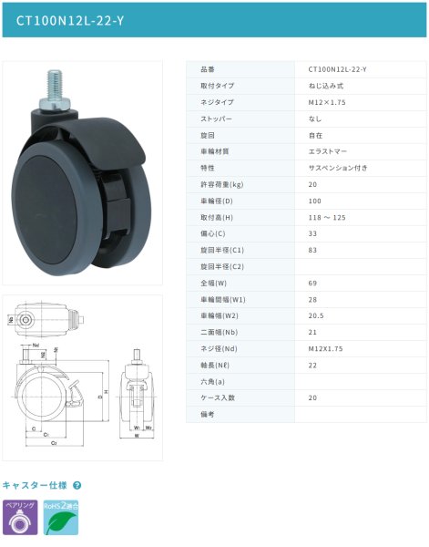 画像2: 東海キャスター CT100N12L-22-Y 双輪キャスター (2)