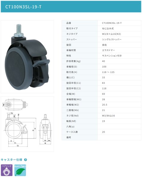 画像2: 東海キャスター CT100N3SL-19-T 双輪キャスター (2)