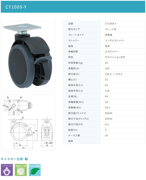 画像2: 東海キャスター CT100S-Y 双輪キャスター (2)