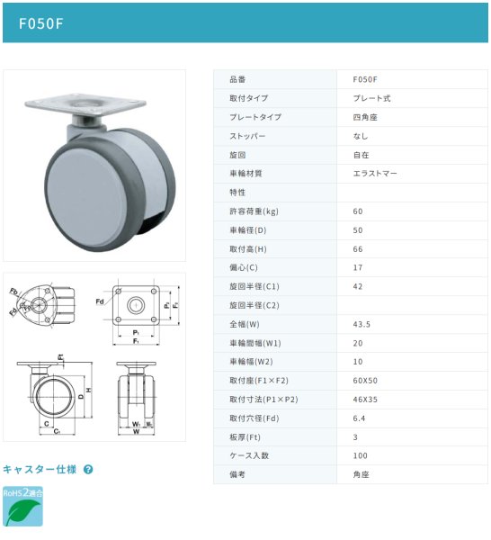 画像2: 東海キャスター F050F 双輪キャスター (2)