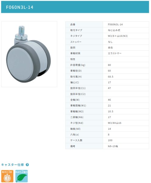 画像2: 東海キャスター　F060N3L-14　双輪キャスター (2)