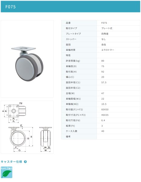 画像2: 東海キャスター F075 双輪キャスター (2)