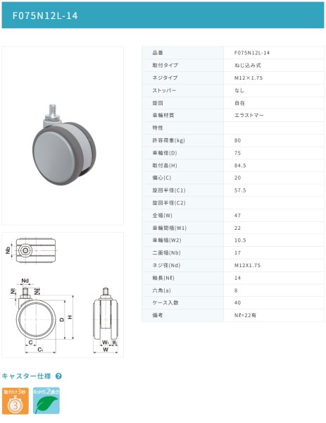 画像2: 東海キャスター F075N12L-14 双輪キャスター (2)