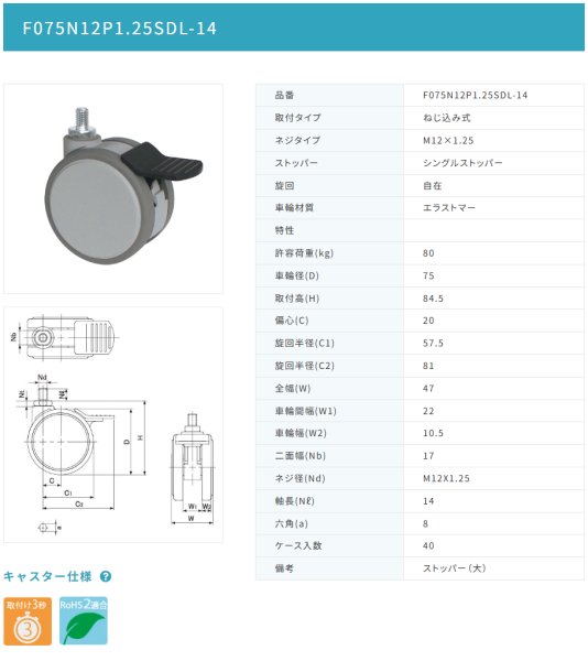 画像2: 東海キャスター F075N12P1.25SDL-14 双輪キャスター (2)