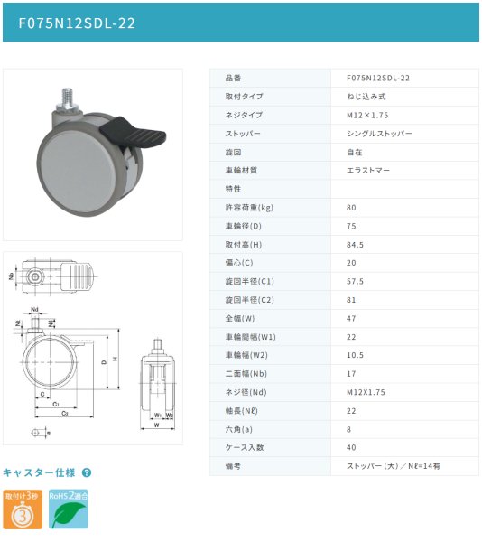 画像2: 東海キャスター F075N12SDL-22 双輪キャスター (2)