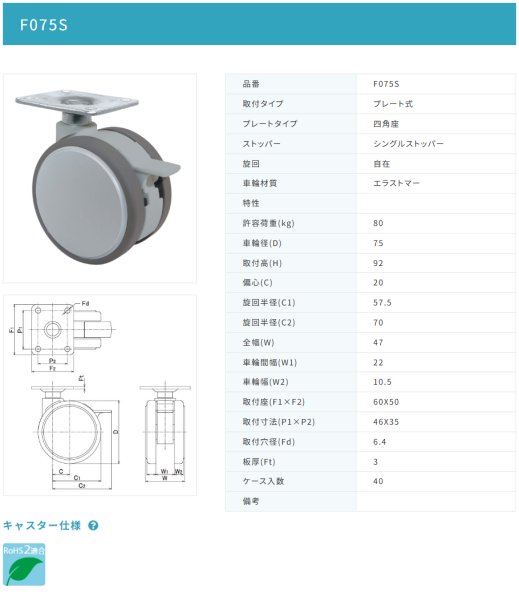 画像2: 東海キャスター F075S 双輪キャスター (2)