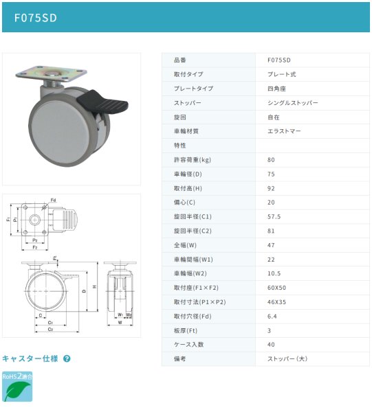 画像2: 東海キャスター F075SD 双輪キャスター (2)