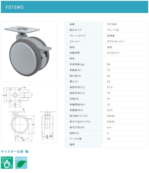 画像2: 東海キャスター F075WS 双輪キャスター (2)