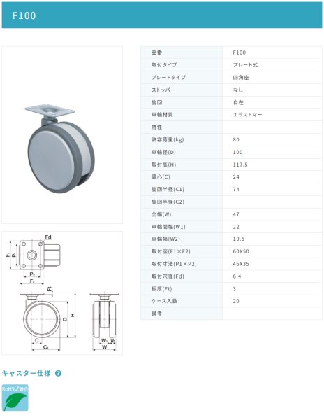 画像2: 東海キャスター F100 双輪キャスター (2)