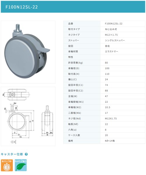 画像2: 東海キャスター F100N12SL-22 双輪キャスター (2)