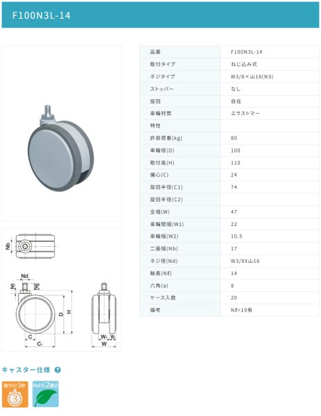 画像2: 東海キャスター F100N3L-14 双輪キャスター (2)