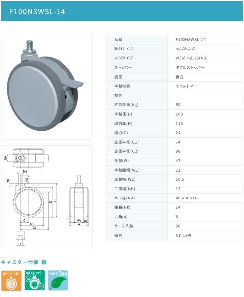 画像2: 東海キャスター F100N3WSL-14 双輪キャスター (2)