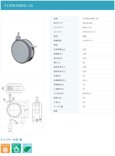 画像2: 東海キャスター F130N16WSL-25 双輪キャスター (2)