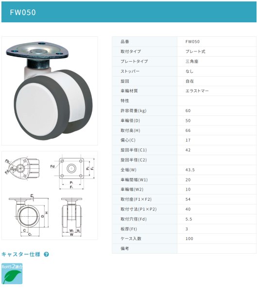 画像2: 東海キャスター FW050 双輪キャスター (2)
