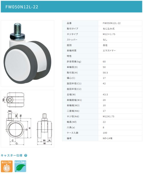 画像2: 東海キャスター FW050N12L-22 双輪キャスター (2)