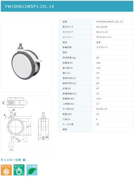 画像2: 東海キャスター FW100N12WSP1.25L-14 双輪キャスター (2)