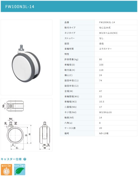 画像2: 東海キャスター FW100N3L-14 双輪キャスター (2)