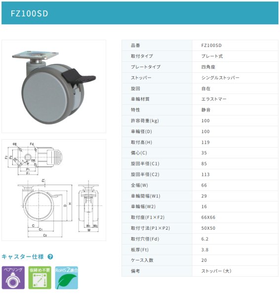 画像2: 東海キャスター FZ100SD 双輪キャスター (2)