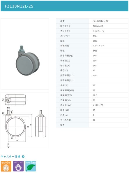 画像2: 東海キャスター FZ130N12L-25 双輪キャスター (2)