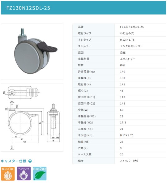 画像2: 東海キャスター FZ130N12SDL-25 双輪キャスター (2)
