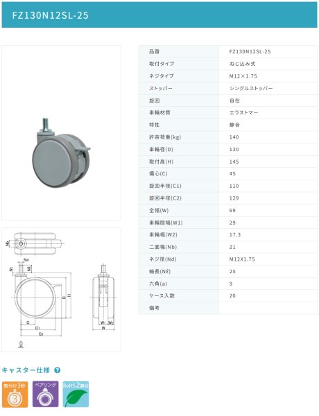 画像2: 東海キャスター FZ130N12SL-25 双輪キャスター (2)