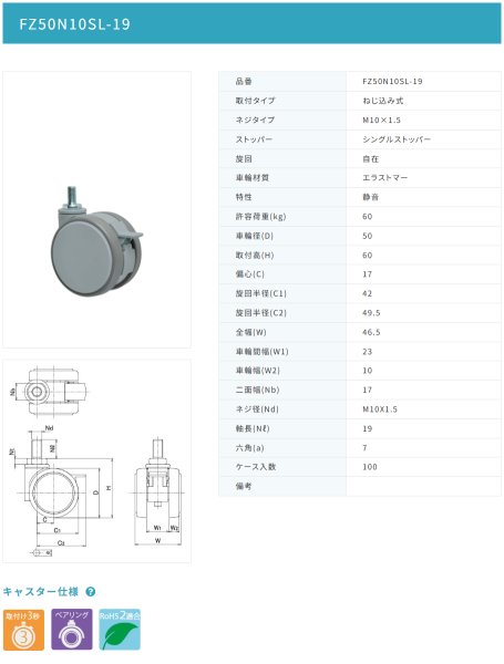 画像2: 東海キャスター FZ50N10SL-19 双輪キャスター (2)