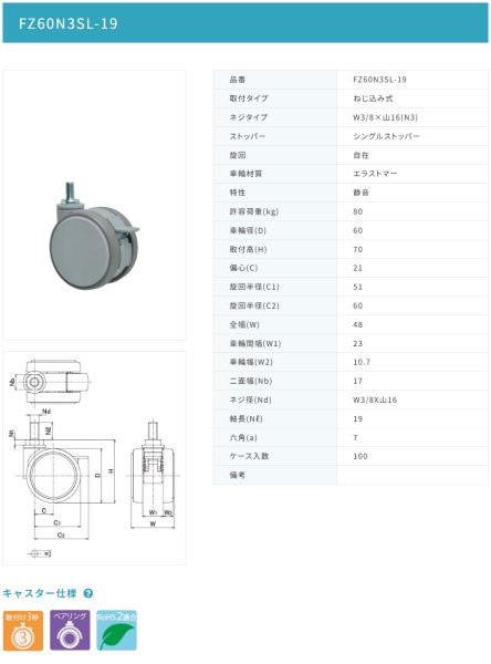 画像2: 東海キャスター FZ60N3SL-19 双輪キャスター (2)