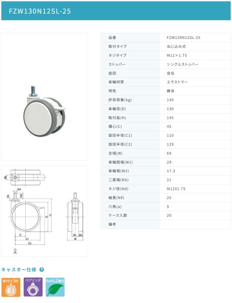 画像2: 東海キャスター FZW130N12SL-25 双輪キャスター (2)