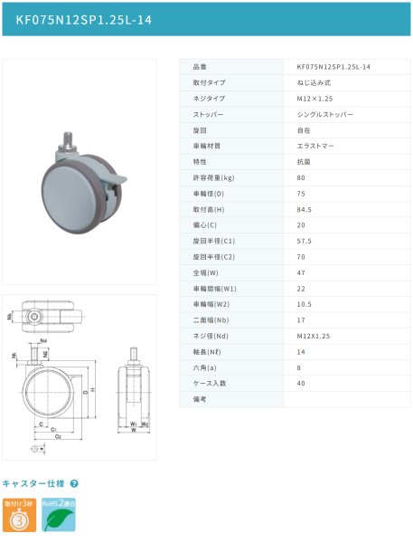 画像2: 東海キャスター KF075N12SP1.25L-14 双輪キャスター (2)