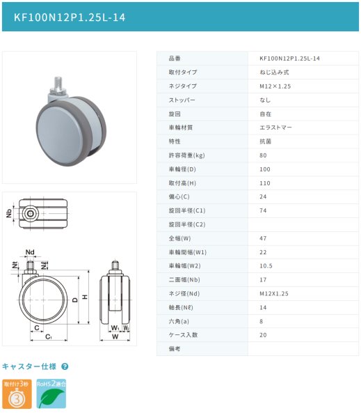 画像2: 東海キャスター KF100N12P1.25L-14 双輪キャスター (2)