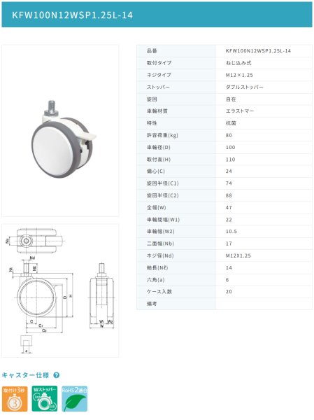 画像2: 東海キャスター KFW100N12WSP1.25L-14 双輪キャスター (2)