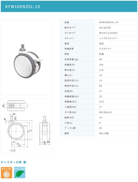 画像2: 東海キャスター KFW100N3SL-19 双輪キャスター (2)