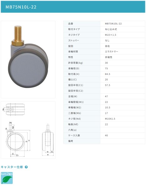 画像2: 東海キャスター MB75N10L-22 双輪キャスター (2)