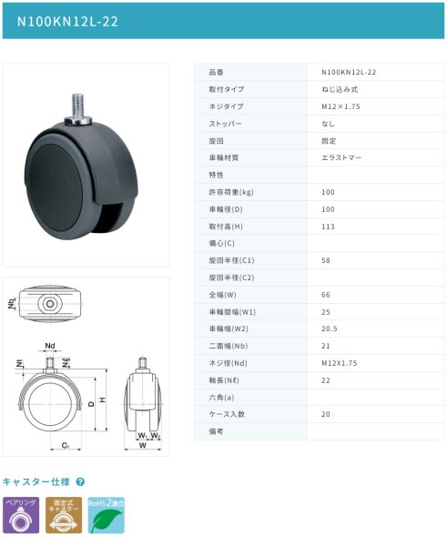 画像2: 東海キャスター N100KN12L-22 双輪キャスター (2)