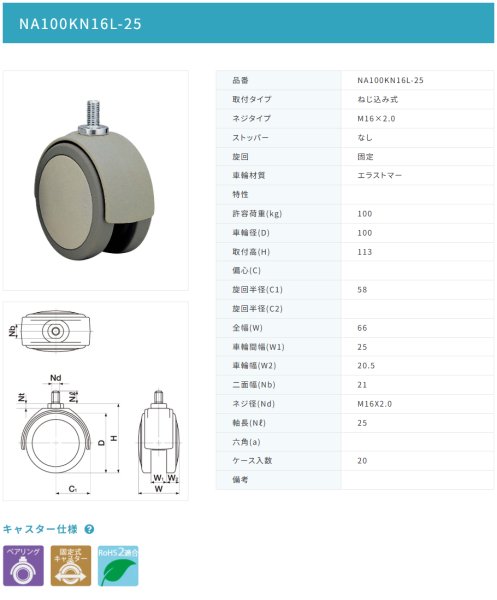画像2: 東海キャスター NA100KN16L-25 双輪キャスター (2)