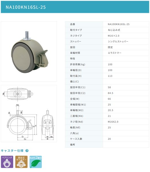 画像2: 東海キャスター NA100KN16SL-25 双輪キャスター (2)