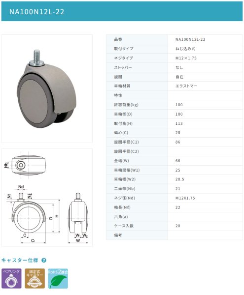 画像2: 東海キャスター NA100N12L-22 双輪キャスター (2)