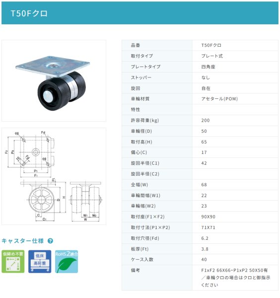 画像2: 東海キャスター T50Fクロ 双輪キャスター (2)