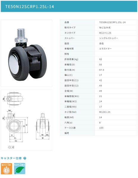 画像2: 東海キャスター TE50N12SCRP1.25L-14 双輪キャスター (2)