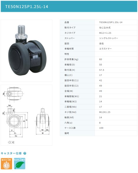 画像2: 東海キャスター TE50N12SP1.25L-14 双輪キャスター (2)