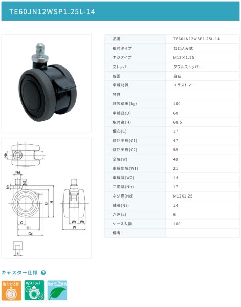 画像2: 東海キャスター TE60JN12WSP1.25L-14 双輪キャスター (2)
