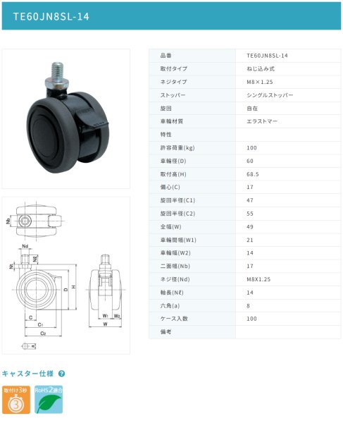 画像2: 東海キャスター TE60JN8SL-14 双輪キャスター (2)